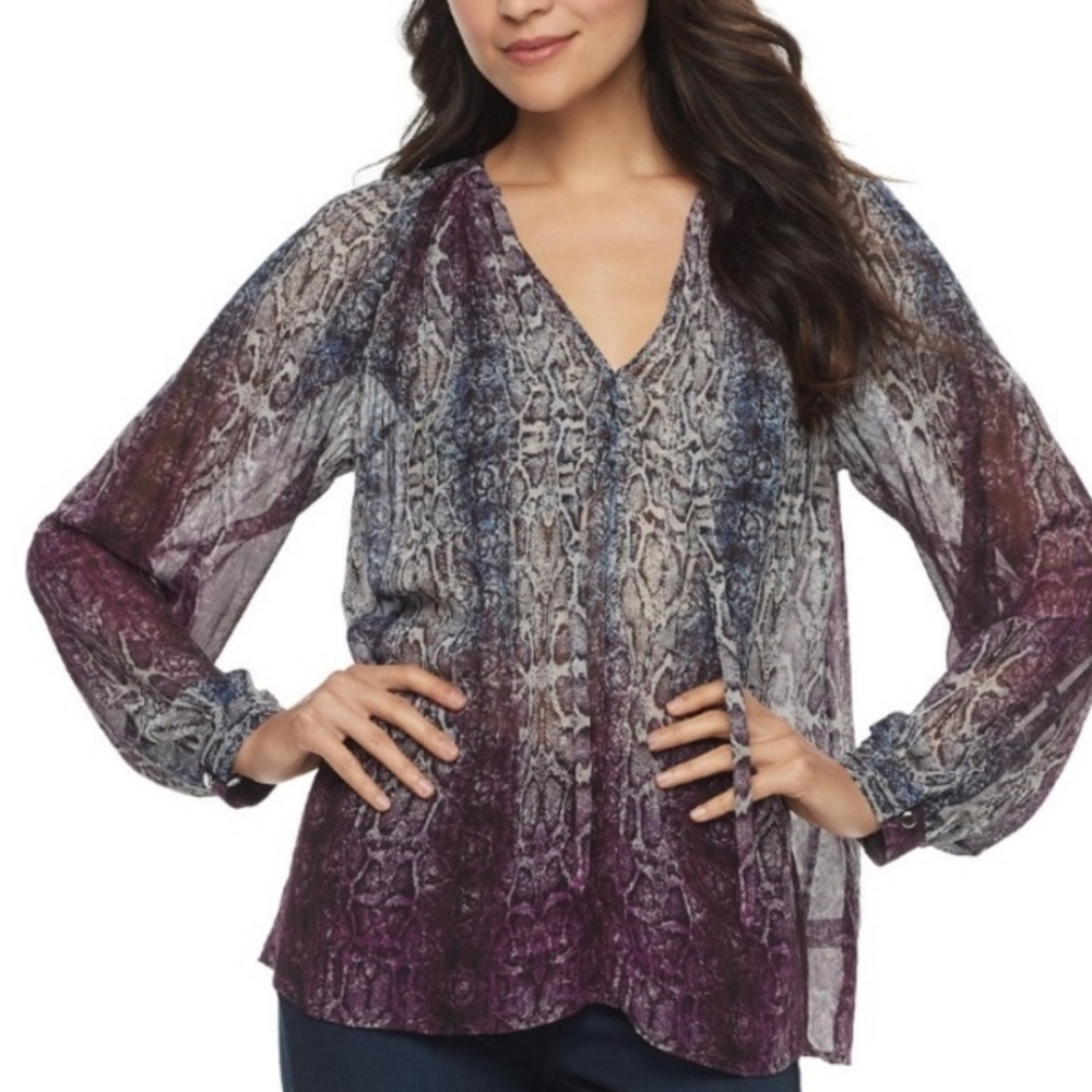 Jennifer Lopez Snake Skin Printed Peasant Top Blouse Purple